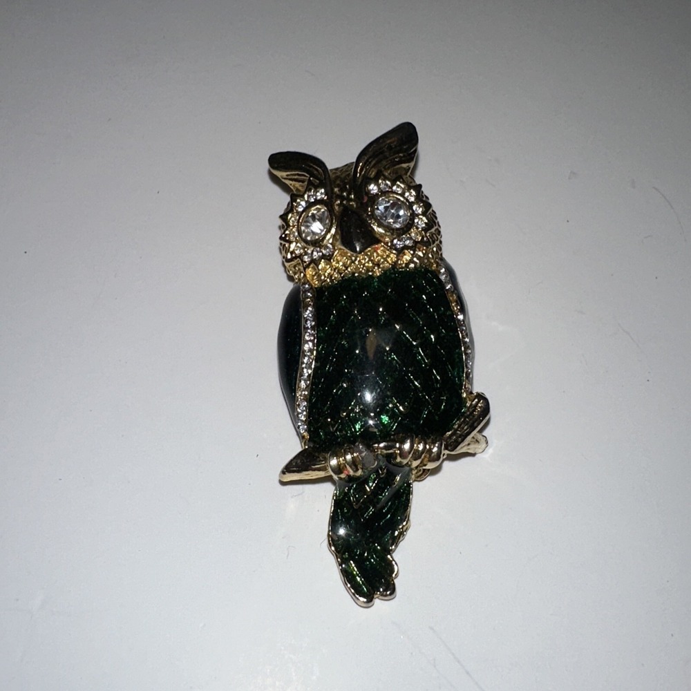 Owl Brooch Pin Gold & Green Beautiful!